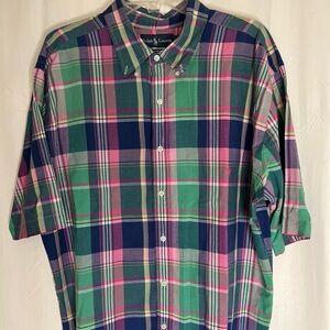 Polo Ralph Lauren Shirt Mens 2XLT Button Up Blue/Pink Madras Plaid VTG Preppy